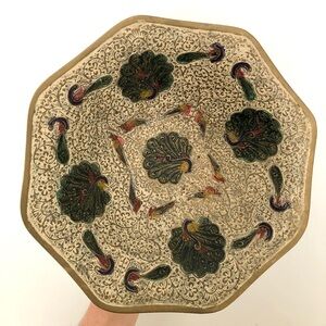 Vintage Brass Pedestal Bowl with Painted Peacock Design
